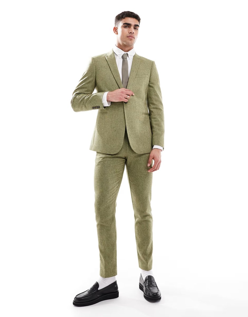ASOS ASOS DESIGN skinny wool mix suit jacket in olive basketweave texture - 2