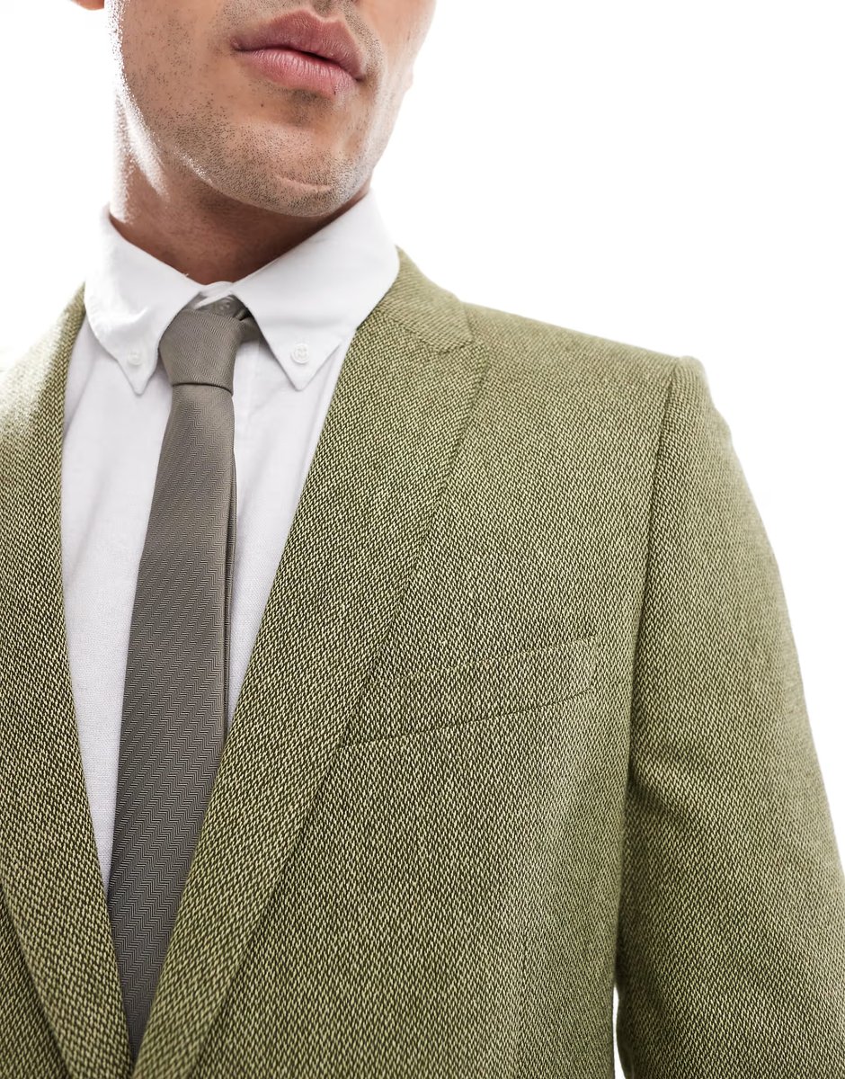 ASOS ASOS DESIGN skinny wool mix suit jacket in olive basketweave texture - 3