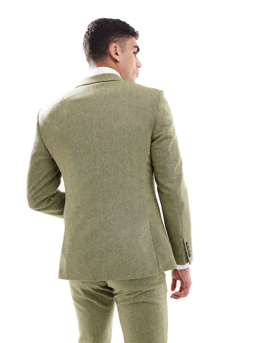 ASOS ASOS DESIGN skinny wool mix suit jacket in olive basketweave texture - 4