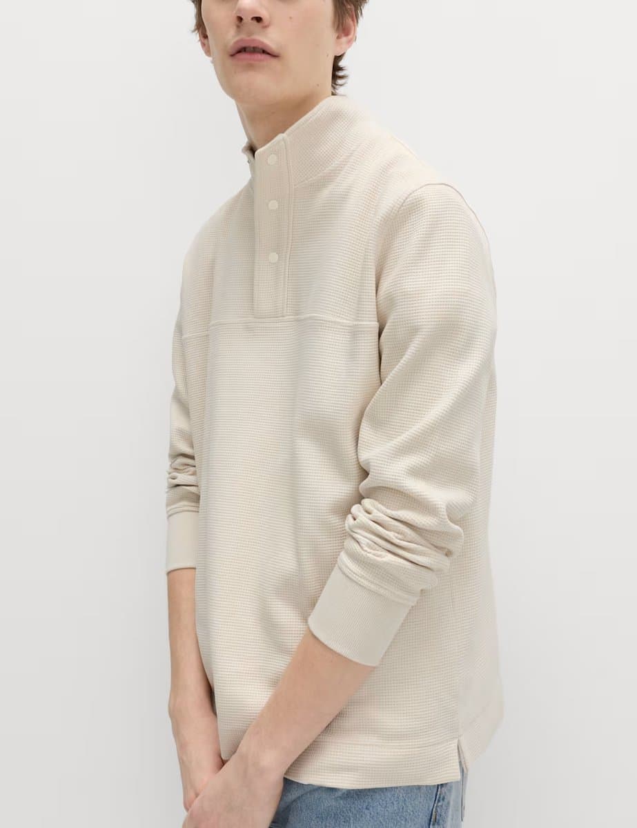 Marks & Spencer M&S Funnel Neck Waffle Sweatshirt in Natural Beige