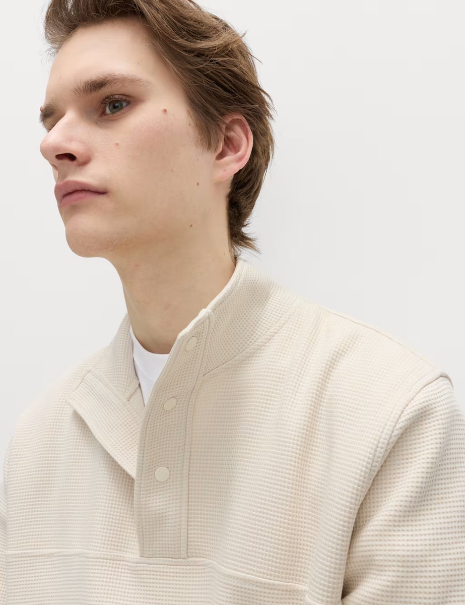 Marks & Spencer M&S Cotton Rich Waffle Funnel Neck Sweatshirt Natural Beige - 2