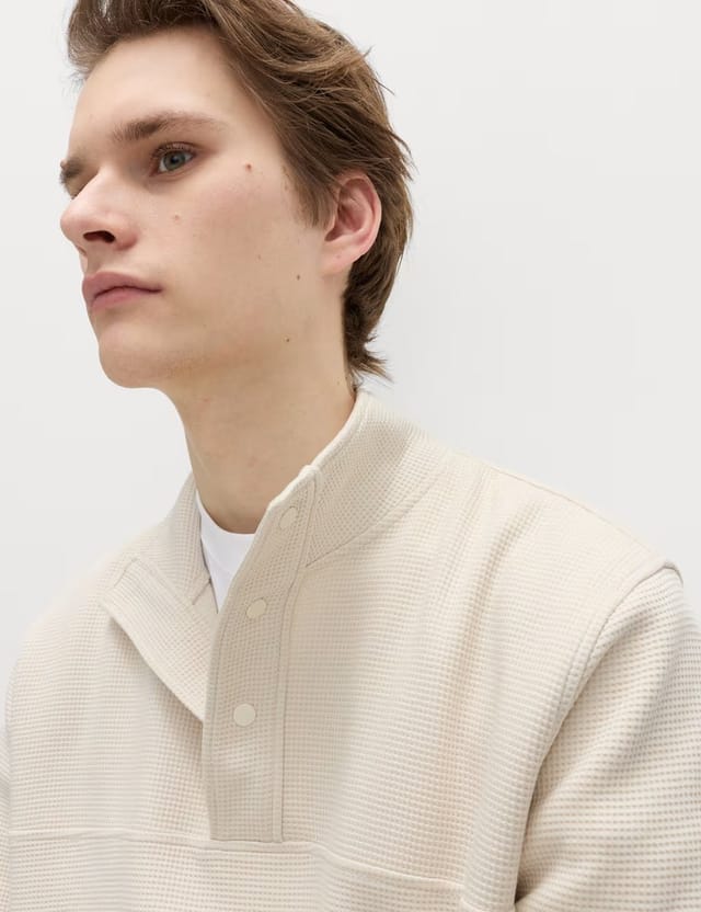 Marks & Spencer M&S Cotton Rich Waffle Funnel Neck Sweatshirt Natural Beige - 2