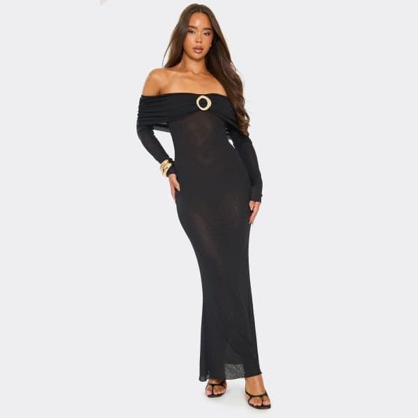EGO Bardot Long Sleeve Fold Over Trim Detail Maxi Dress In Black, Women's Size UK 6