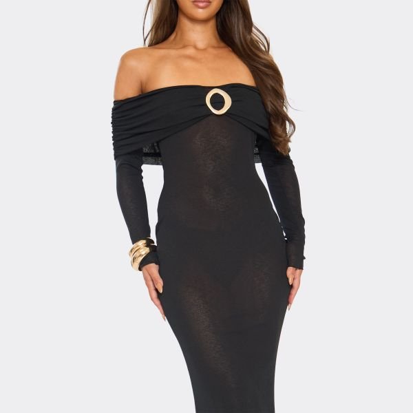 EGO Bardot Long Sleeve Fold Over Trim Detail Maxi Dress In Black, Women's Size UK 6 - 2