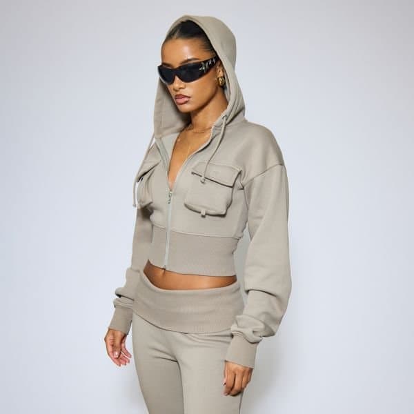 EGO Pocket Detail Cinched Waist Zip Up Cropped Hoodie In Taupe, Women's Size UK 6