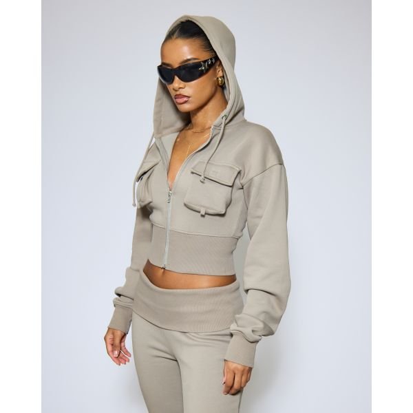 EGO Pocket Detail Cinched Waist Zip Up Cropped Hoodie In Taupe, Women's Size UK 6 - 2