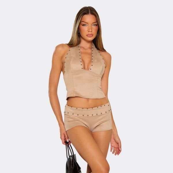 EGO EGO Halterneck Stud Detail Top in Stone Faux Suede