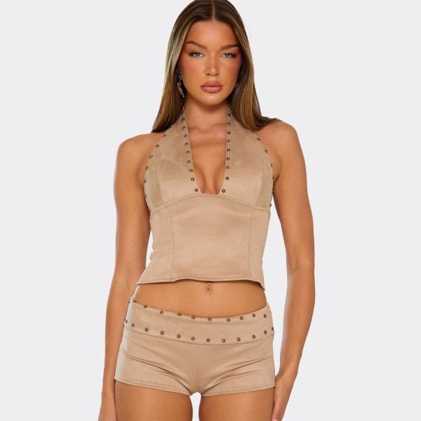 EGO Halterneck Stud Detail Top In Stone Faux Suede, Women's Size UK 6 - 2