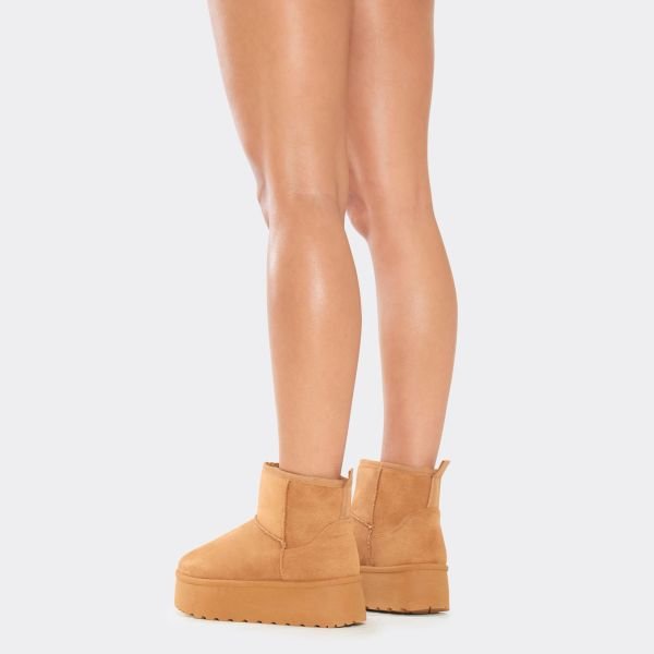 EGO Pumpkin Platform Sole Faux Fur Lining Ultra Mini Ankle Boot In Chestnut Faux Suede, Women's Size UK 3 - 2