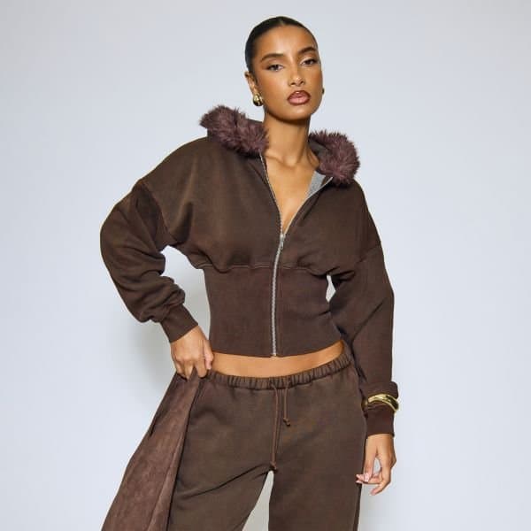 EGO Fur Detail Cinched Waist Zip Up Hoodie In Washed Chocolate Brown, Women's Size UK 6
