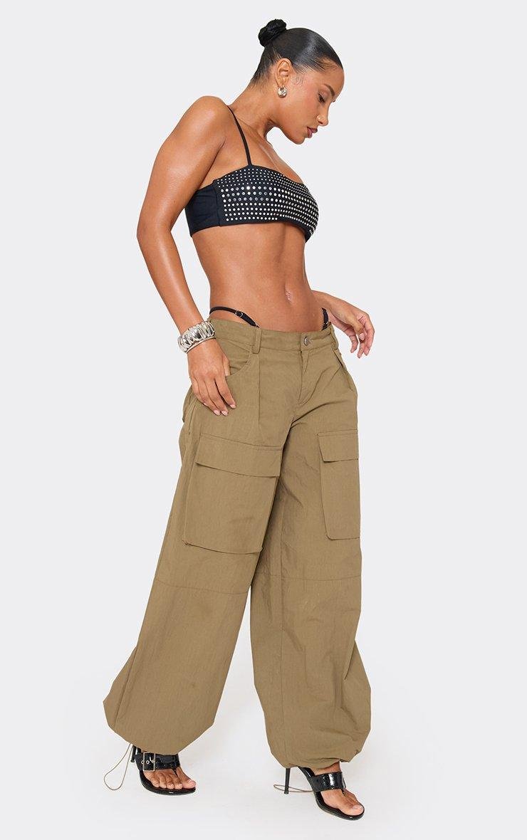 EGO Mid Rise Pocket Front Detail Toggle Hem Cargo Trousers In Green, Women's Size UK 6 - 2