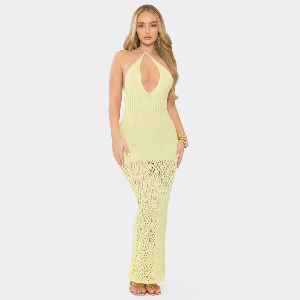 EGO Halterneck Keyhole Cut Out Maxi Dress In Butter Yellow Crochet Knit, Women's Size UK L