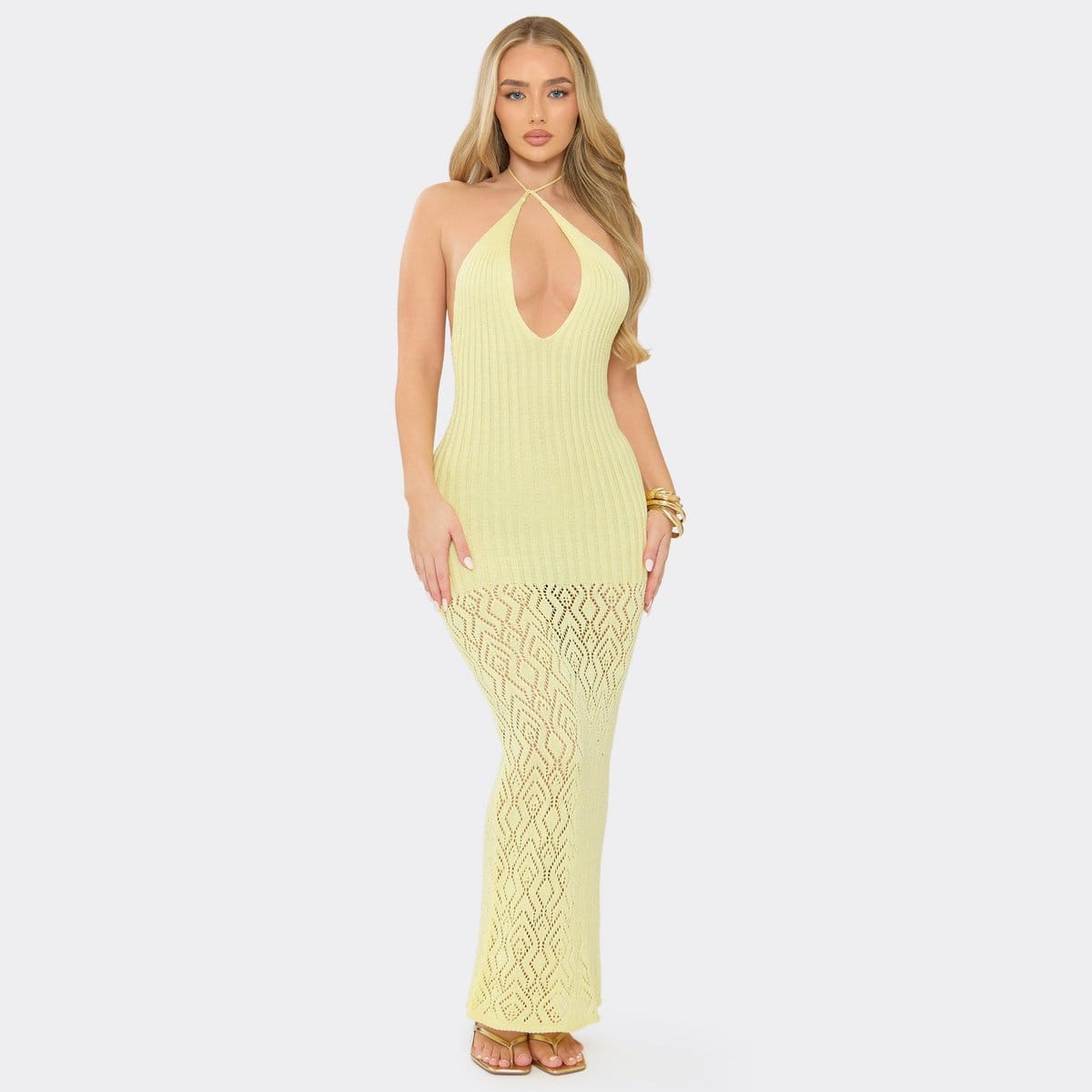 EGO Halterneck Keyhole Cut Out Maxi Dress In Butter Yellow Crochet Knit, Women's Size UK L - 1