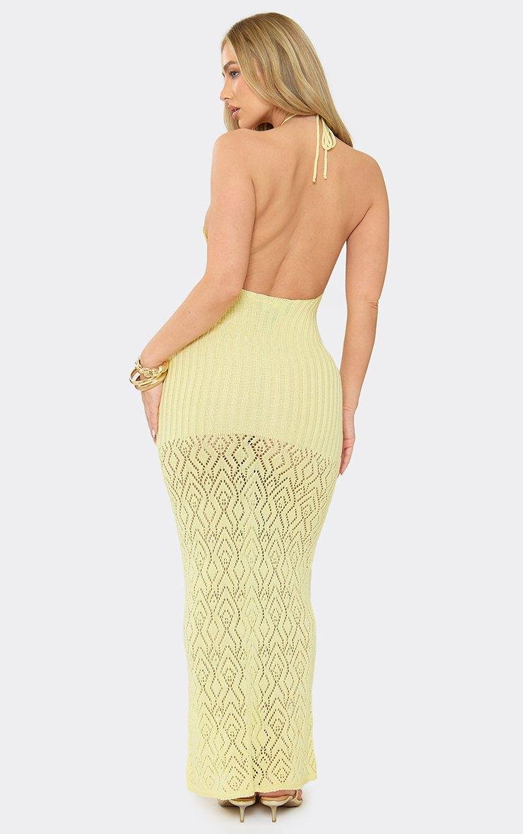 EGO Halterneck Keyhole Cut Out Maxi Dress In Butter Yellow Crochet Knit, Women's Size UK L - 2