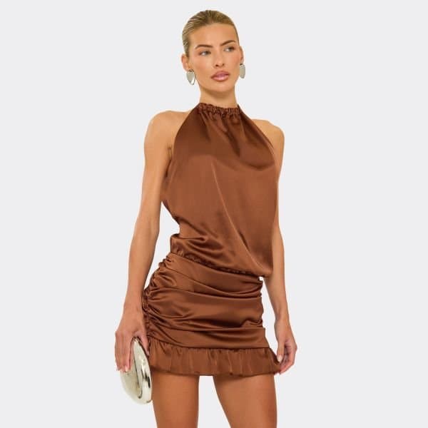EGO High Neck Halter Ruched Detail Frill Hem Mini Dress In Brown Satin, Women's Size UK 6