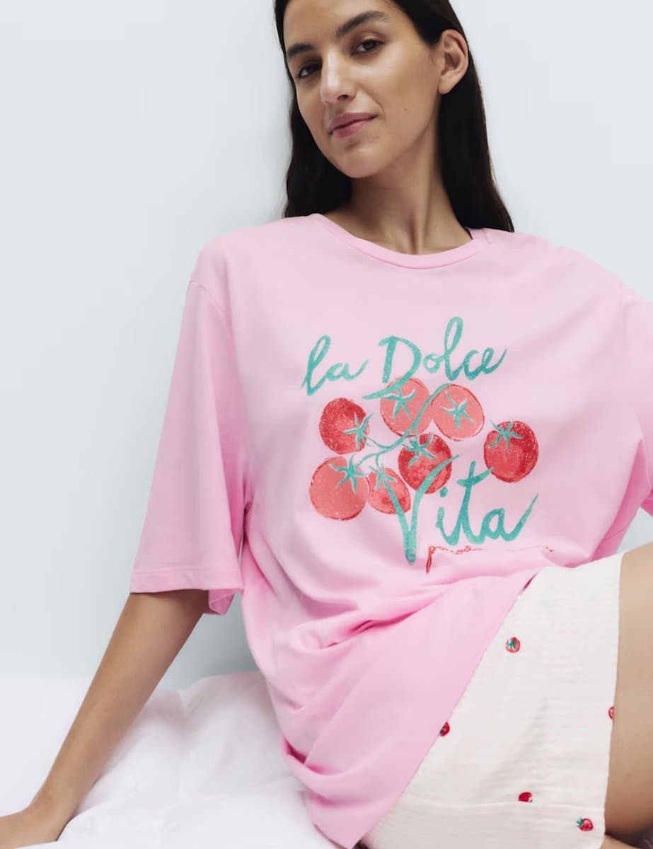 Marks & Spencer M&S Cotton Modal Tomato Print Pyjama Top Pink Mix