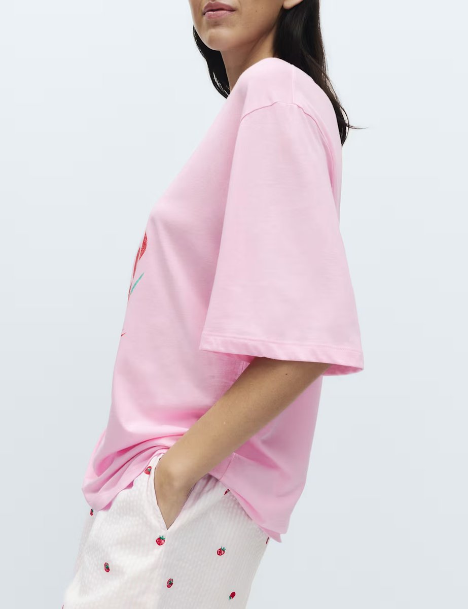 Marks & Spencer M&S Cotton Modal Tomato Print Pyjama Top Pink Mix - 2