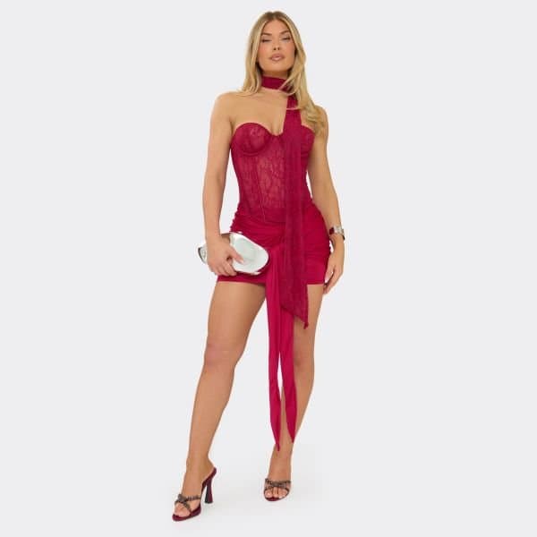 EGO V Waist Drape Tie Front Mini Skirt In Burgundy Satin, Women's Size UK 6