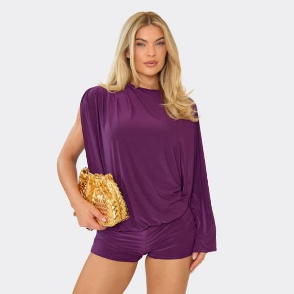 EGO Oversized One Sleeve Drape Top In Plum Slinky, Women's Size UK 6