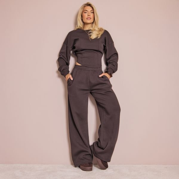 EGO Low Rise Wide Leg Joggers In Chcolate Brown, Women's Size UK 6 - 1