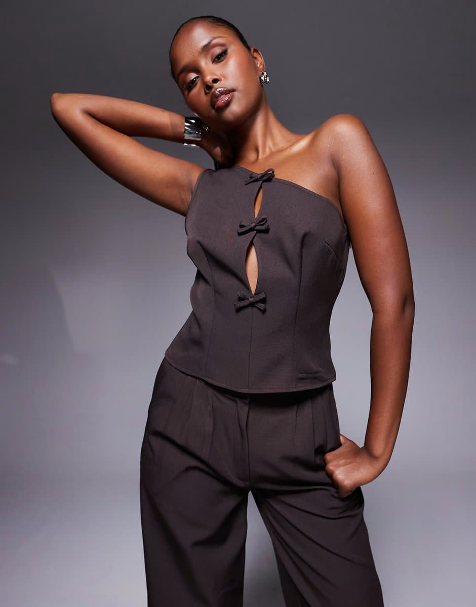 ASOS Kaiia exclusive cut out bow detail one shoulder top co-ord in chocolate brown