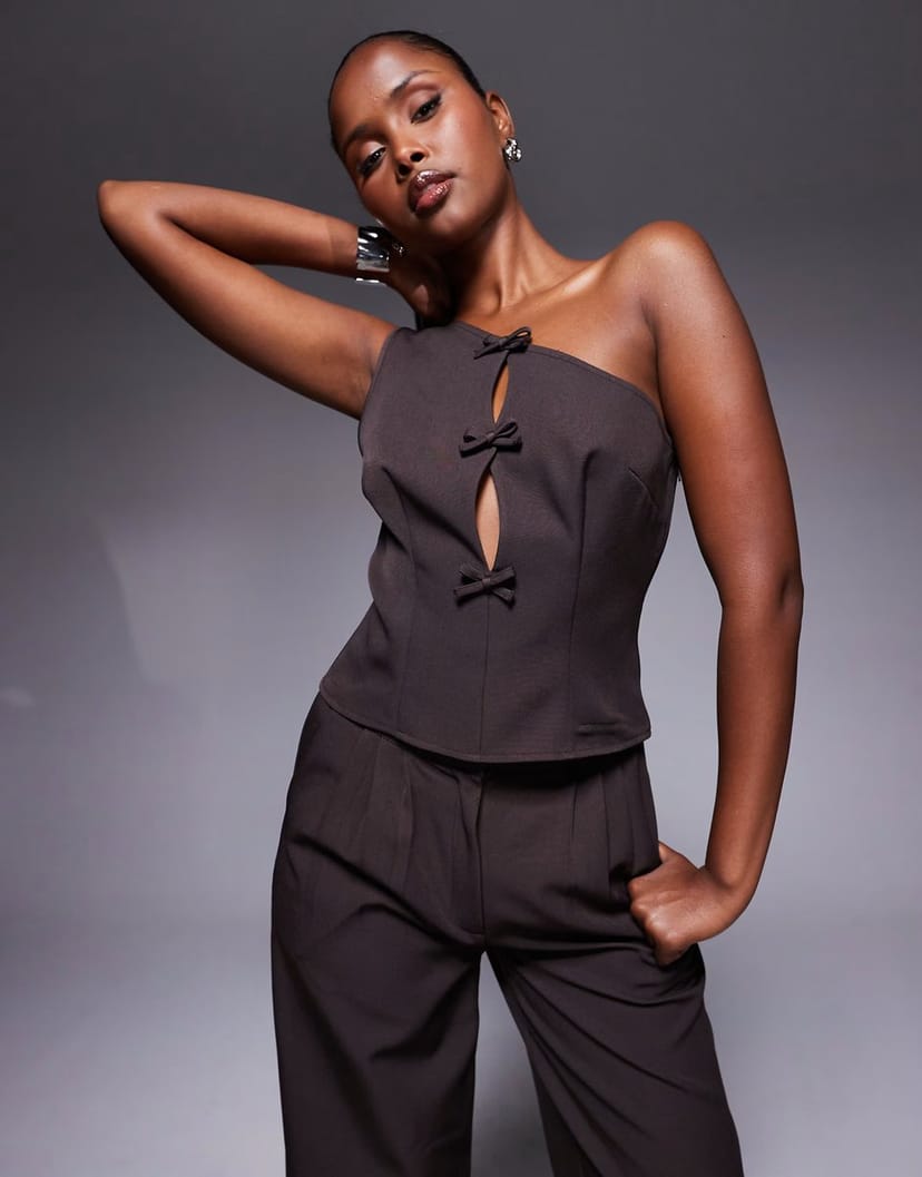 ASOS Kaiia exclusive cut out bow detail one shoulder top co-ord in chocolate brown - 1