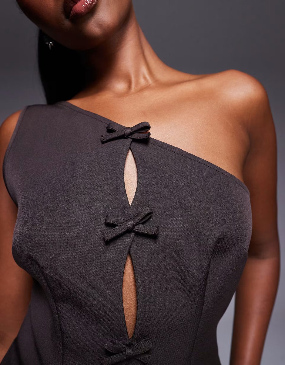 ASOS Kaiia exclusive cut out bow detail one shoulder top co-ord in chocolate brown - 2