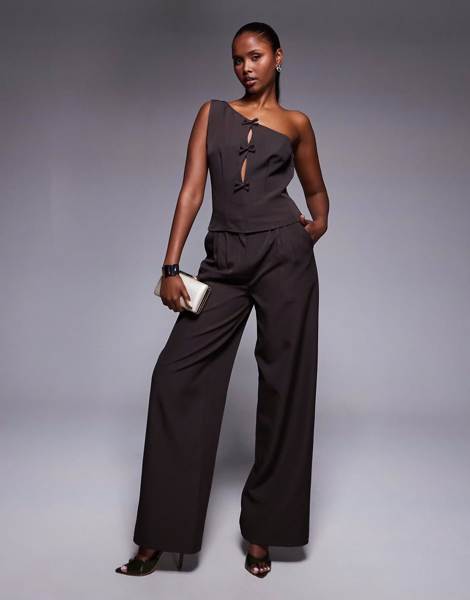 ASOS Kaiia exclusive cut out bow detail one shoulder top co-ord in chocolate brown - 3