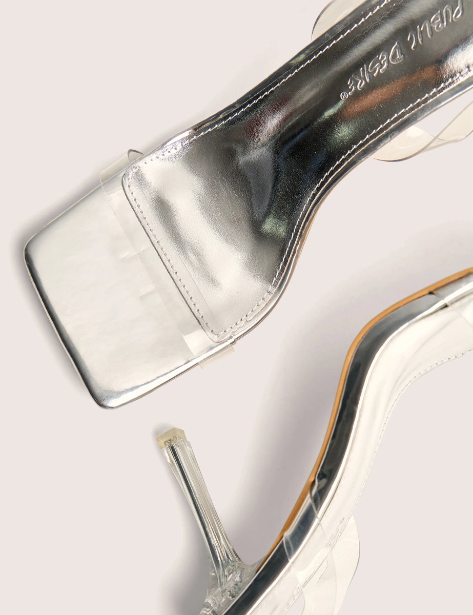 Public Desire Merge Up Wide Fit Silver Perspex Square Toe Slingback Mid Heels - 4
