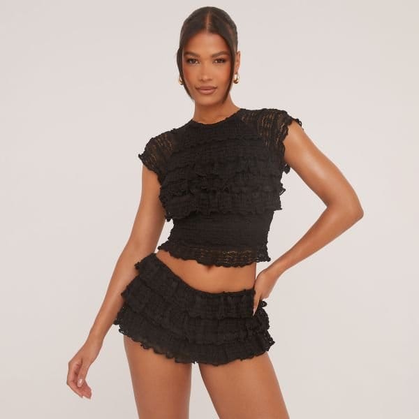 EGO All Over Frill Raglan T-Shirt In Black Texture, Women's Size UK 4 - 1