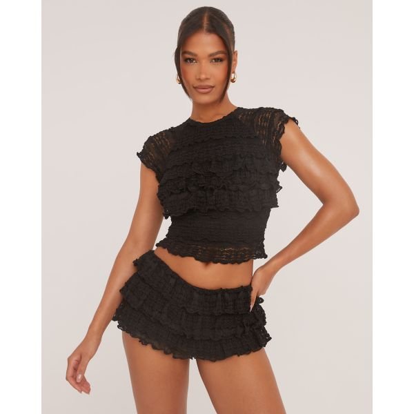 EGO All Over Frill Raglan T-Shirt In Black Texture, Women's Size UK 4 - 2