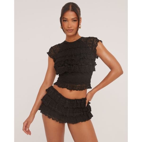 EGO All Over Frill Raglan T-Shirt In Black Texture, Women's Size UK 4 - 2