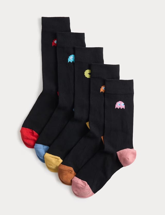 Marks & Spencer M&S 5 Pack Pac-Man™ Cotton Rich Socks Black Mix - 2