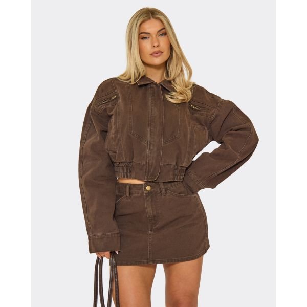 EGO Oversized Seam Zip Detail Jacket In Chocolate Brown Denim, Women's Size UK 6 - 2