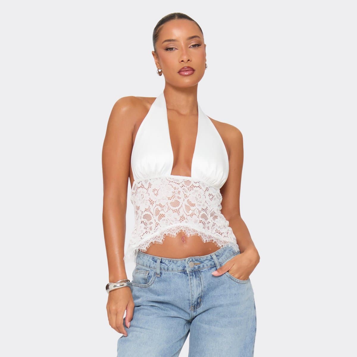 EGO Halter Neck Lace Body Detail Top In White Satin, Women's Size UK 6