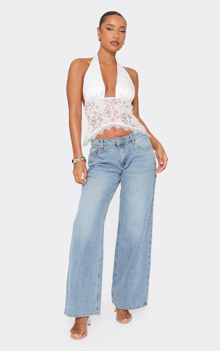 EGO Halter Neck Lace Body Detail Top In White Satin, Women's Size UK 6 - 2