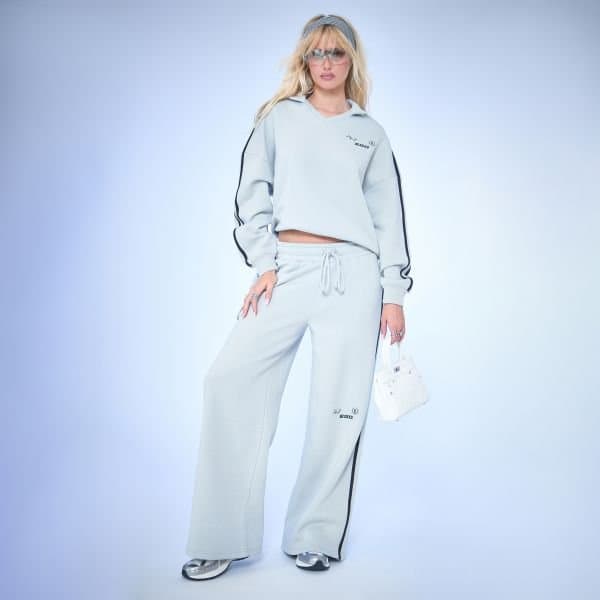 EGO Mid Rise Ego Graphic Striped Detail Wide Leg Joggers In Light Grey Marl, Women's Size UK 6