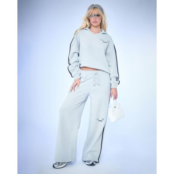 EGO Mid Rise Ego Graphic Striped Detail Wide Leg Joggers In Light Grey Marl, Women's Size UK 6 - 2