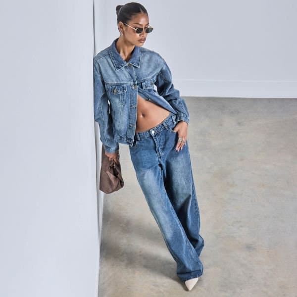 EGO Long Sleeve Pocket Cinched Waist Detail Jacket In Mid Blue Denim, Women's Size UK 6