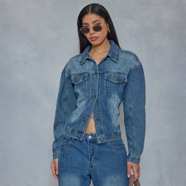 EGO Long Sleeve Pocket Cinched Waist Detail Jacket In Mid Blue Denim, Women's Size UK 6 - 2