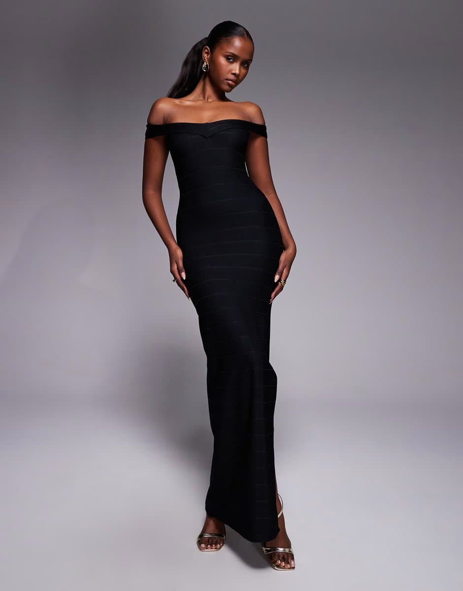 ASOS Kaiia exclusive bardot bandage side split maxi dress in black