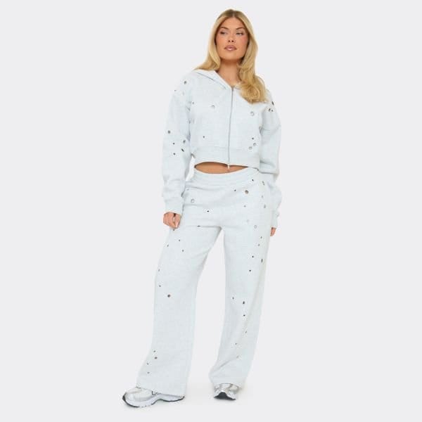 EGO Eyelet Detail Boxy Zip-Up Hoodie In Light Grey Marl, Women's Size UK 6 - 2