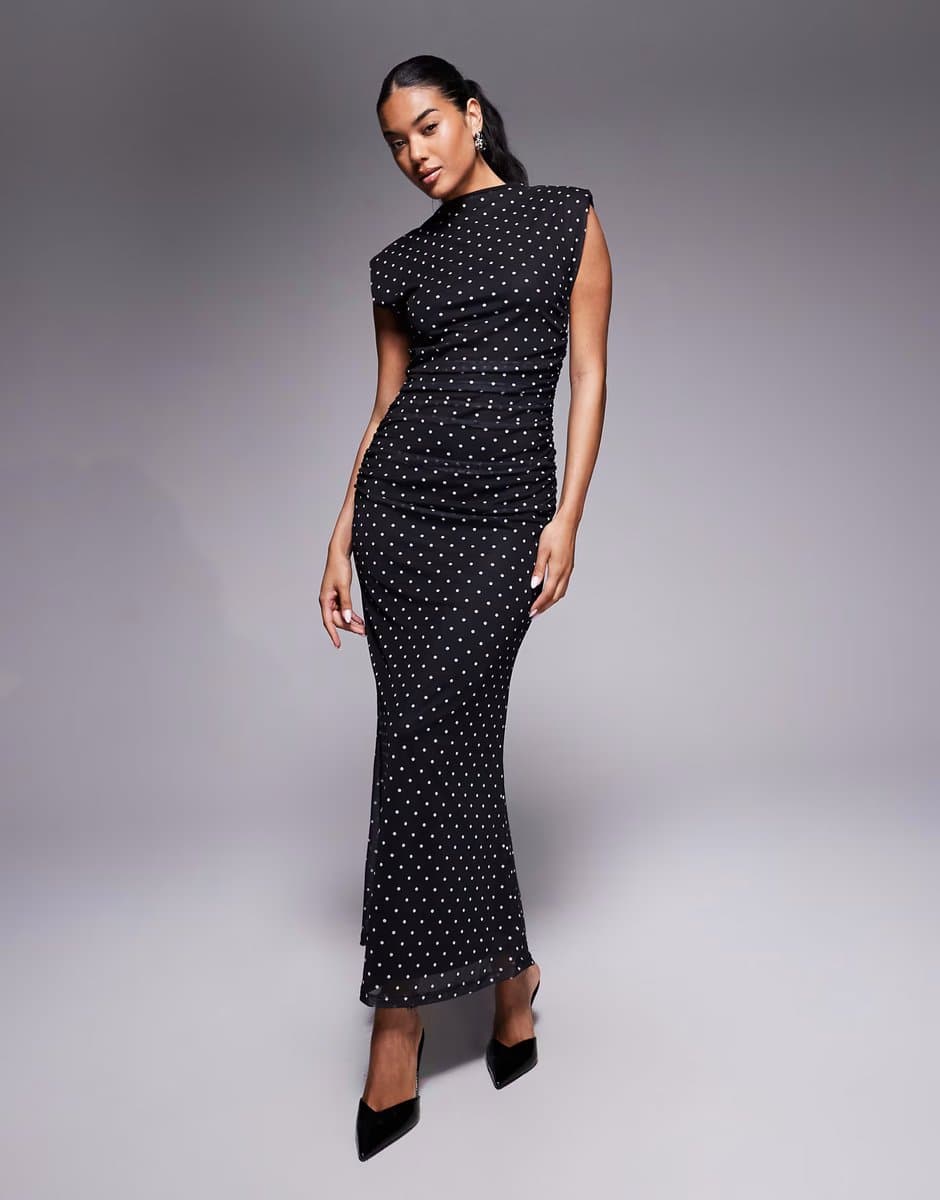 ASOS ASOS DESIGN high neck detail maxi dress with shoulder pads in polka dot