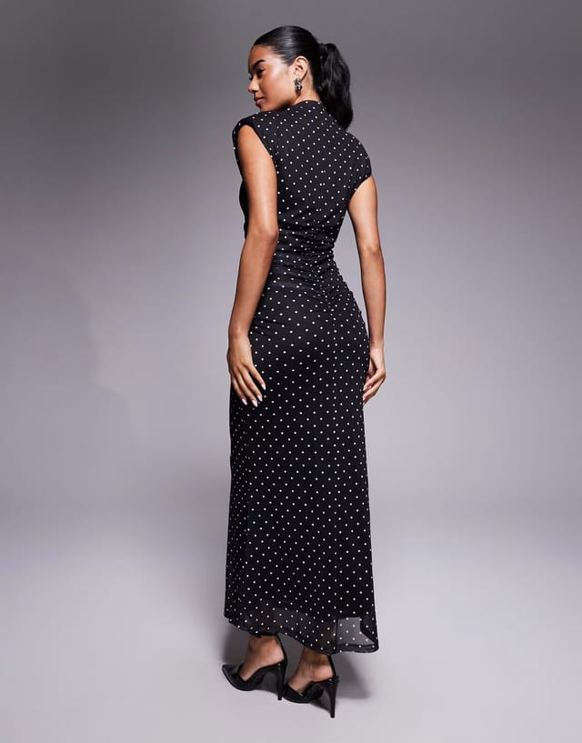 ASOS ASOS DESIGN high neck detail maxi dress with shoulder pads in polka dot - 3