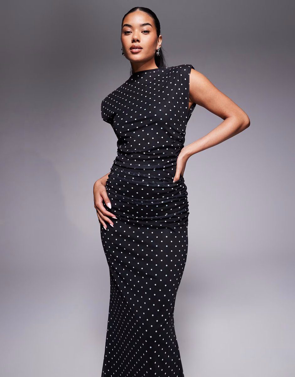 ASOS ASOS DESIGN high neck detail maxi dress with shoulder pads in polka dot - 4