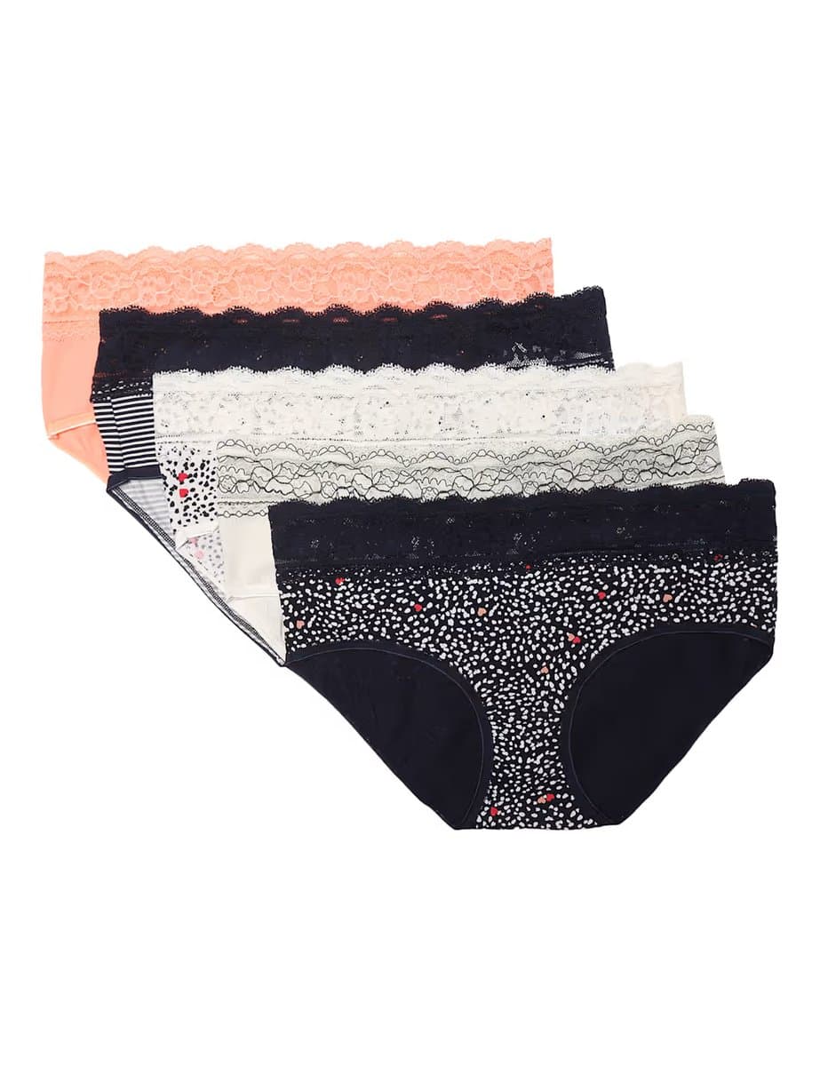 Marks & Spencer M&S 5Pk Lace Waist Midi Floral Knickers Navy Mix