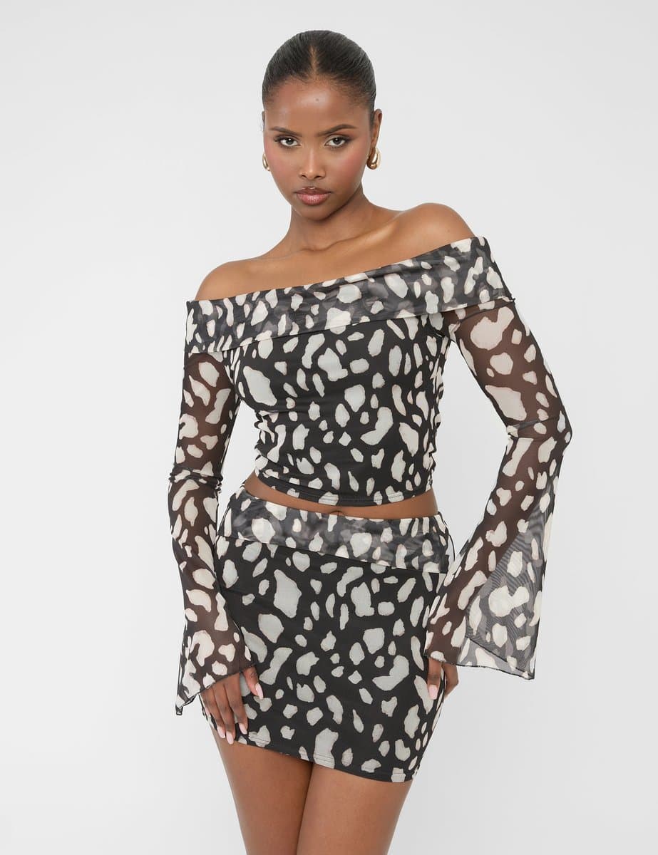 Public Desire Mesh Bardot Fold Over Long Sleeve Crop Top Animal Print