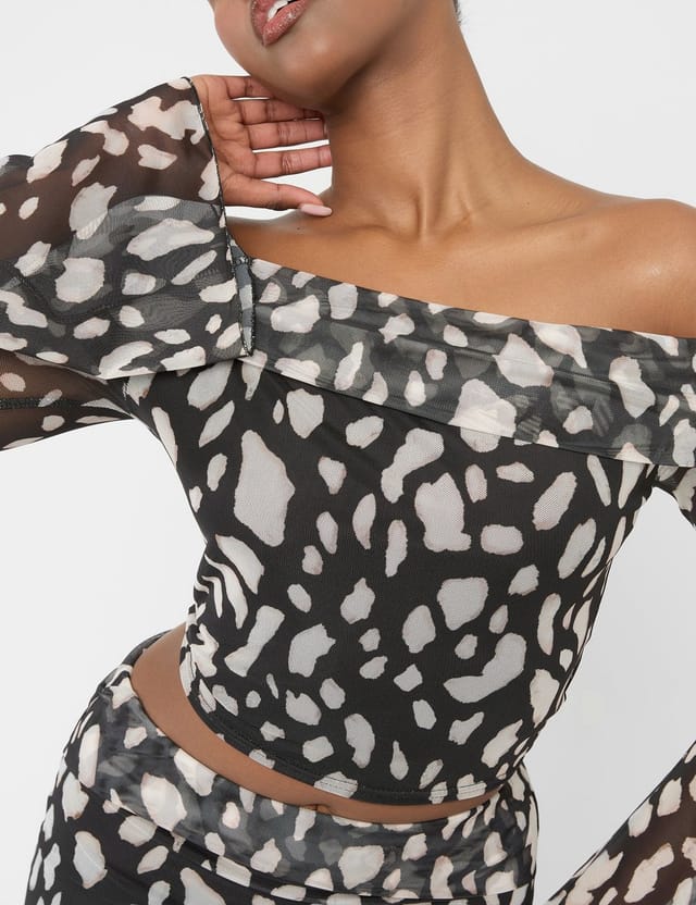 Public Desire Mesh Bardot Fold Over Long Sleeve Crop Top Animal Print - 2