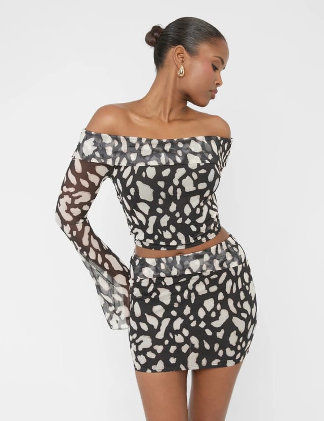 Public Desire Mesh Bardot Fold Over Long Sleeve Crop Top Animal Print - 3