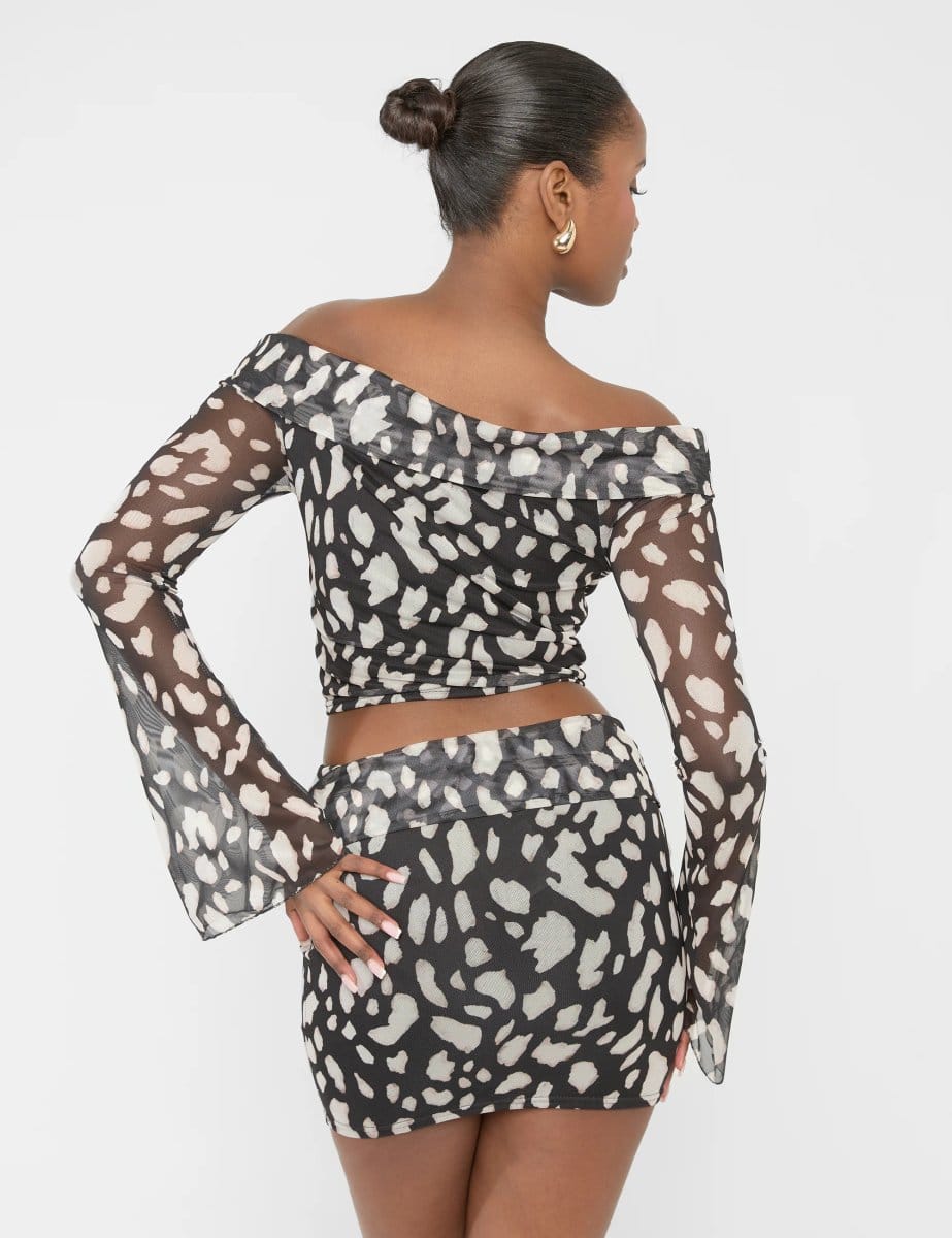 Public Desire Mesh Bardot Fold Over Long Sleeve Crop Top Animal Print - 4
